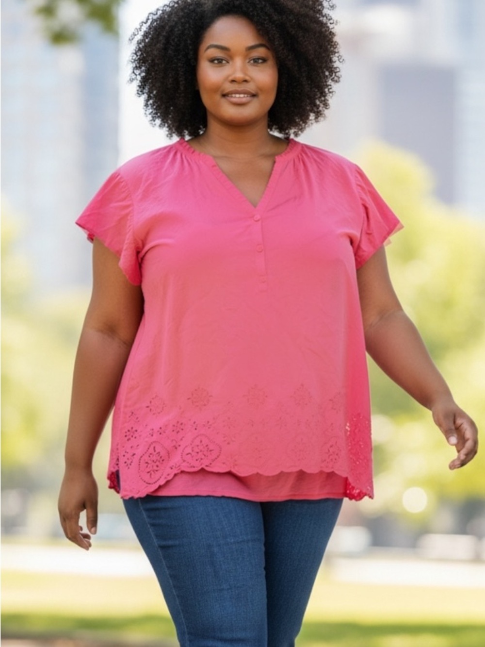 Lane Bryant Coral Pink Eyelet Hem V-Neck Tunic